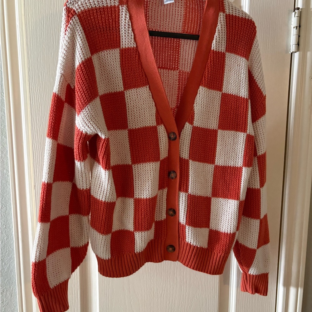 Old Navy Girls L (10) Checkerboard Cardigan Sweater - Orange & Cream (NWOT)